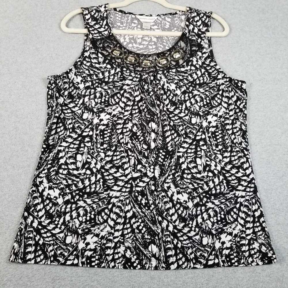 Christopher & Banks Tank Top Women L Large Black White Feathers Print Sleeveless